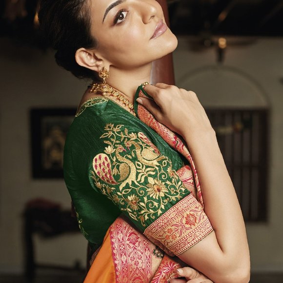 JHEAPS PAPAYA ORANGE ZARI WOVEN PAITHANI SILK SAREE WITH DESIGNER BLOUSE - Picture 3 of 5